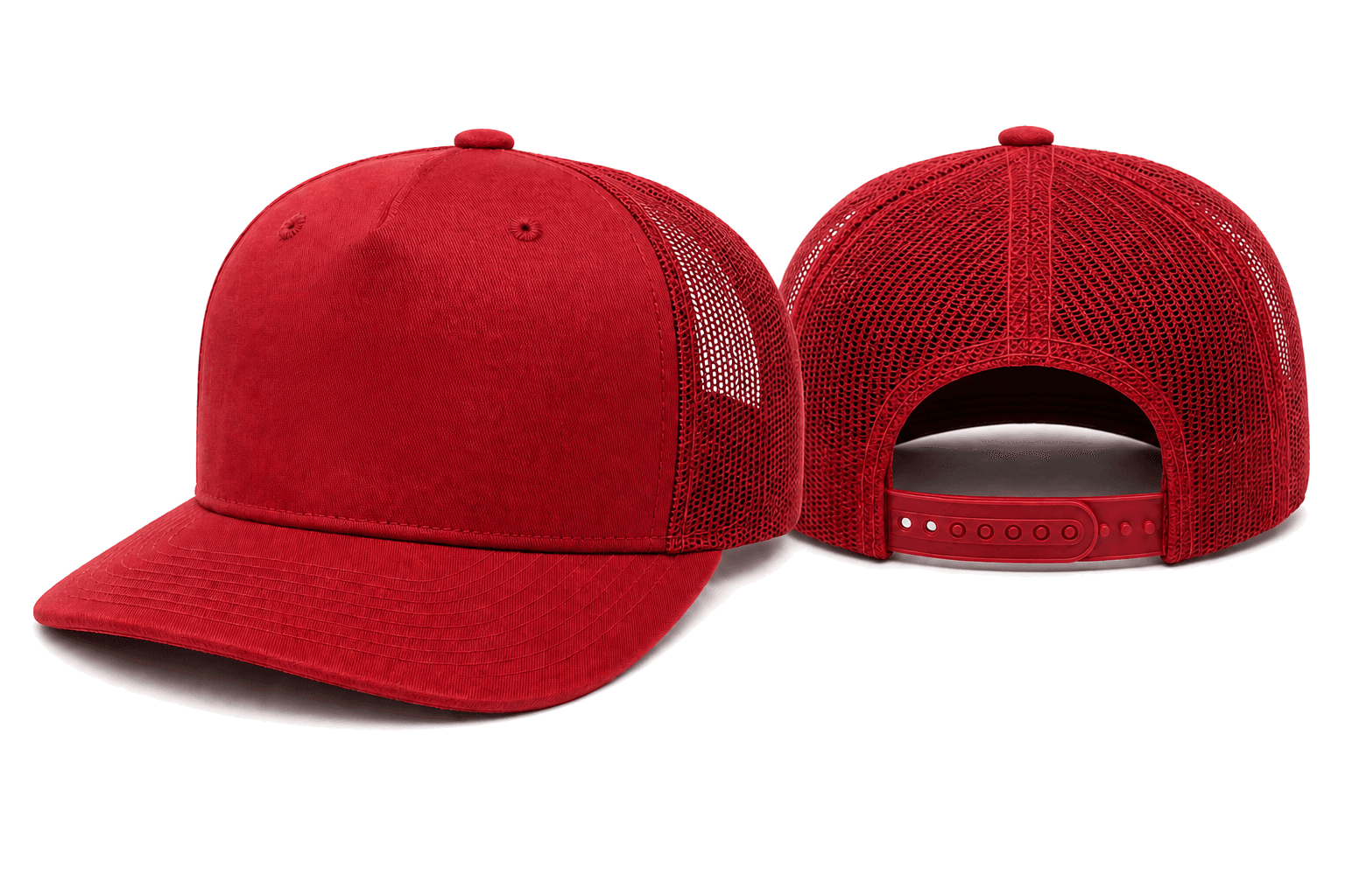 5P MSCS red 5-panel mid profile slight curved structured snapback trucker cap front and back view with no logo